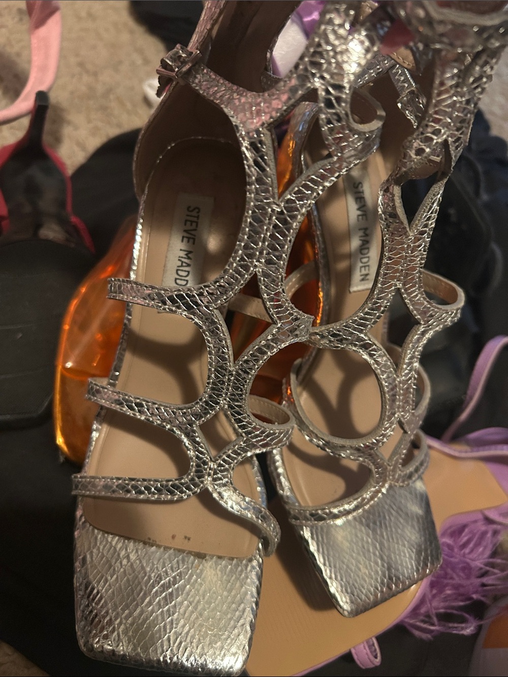 Steve Madden Silver Metallic Cutout Strappy Heels